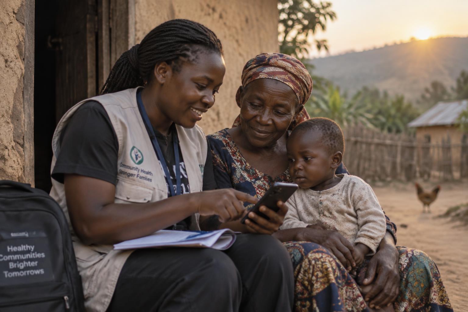 A community health worker reviewing notes on a phone with a grandmother and young child outside their home