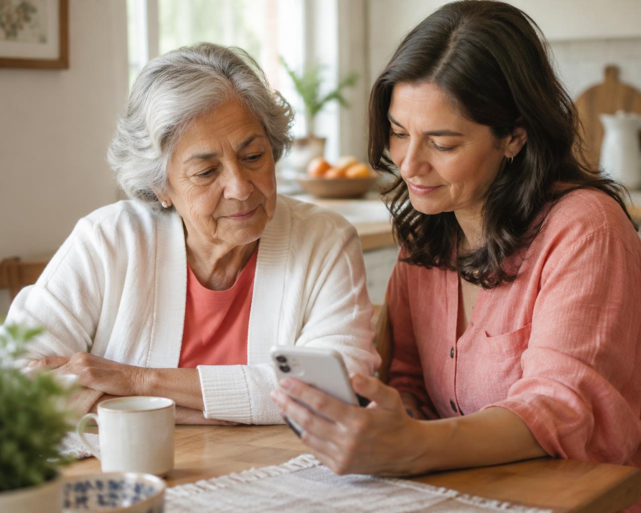 An older woman and her adult daughter reviewing health notes together on a phone at their kitchen table